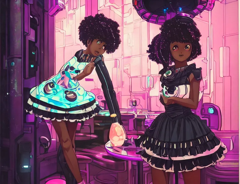 Image similar to black - skinned scifi princess in a deep sea cafe, wearing a lolita dress with cyberpunk elements. this oil painting by the award - winning mangaka has an interesting color scheme and impeccable lighting.