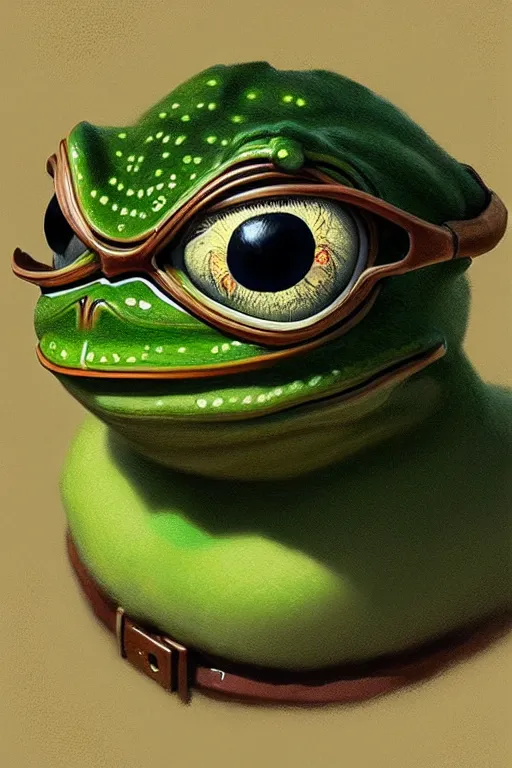 Image similar to portrait of a one - eyed pepe! the frog! drinking coffee in the style of fenghua zhong and ruan jia and jeremy lipking and peter mohrbacher, extremely detailed digital painting, 8 k, natural lighting