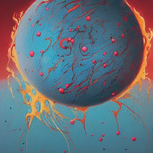 Image similar to a sphere being devoured by abstract splatters of paint in the style of francis bacon, venus being engulfed in flames in the style of james jean, surreal, beksinski, high detailed