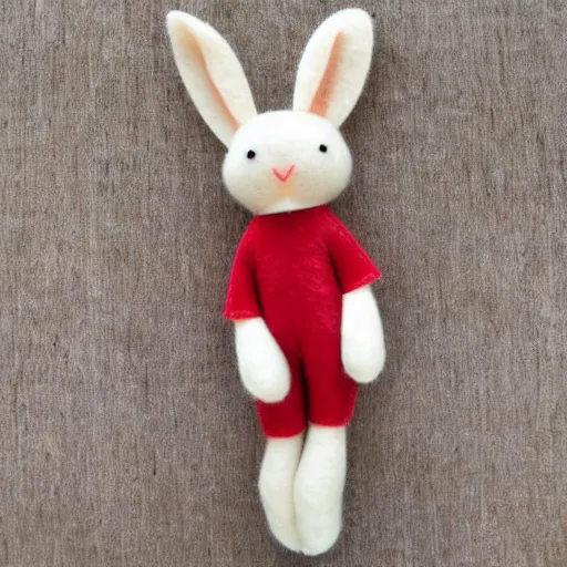 Prompt: a cute elegant felt plush doll of a rabbit wearing dungarees