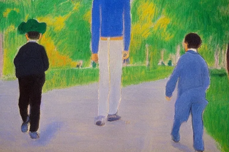 Image similar to a very tall man with dark hair holding the hands of a short young boy with dark hair as they walk down a suburban highway on a bright beautiful colorful day. part in the style of an edgar degas painting. part in the style of david hockney