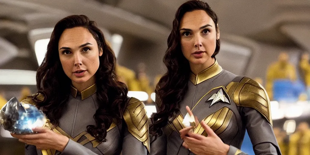 Image similar to Gal Gadot, in Starfleet uniform, in the role of Captain Kirk, with lots of Tribbles!!!! everywhere