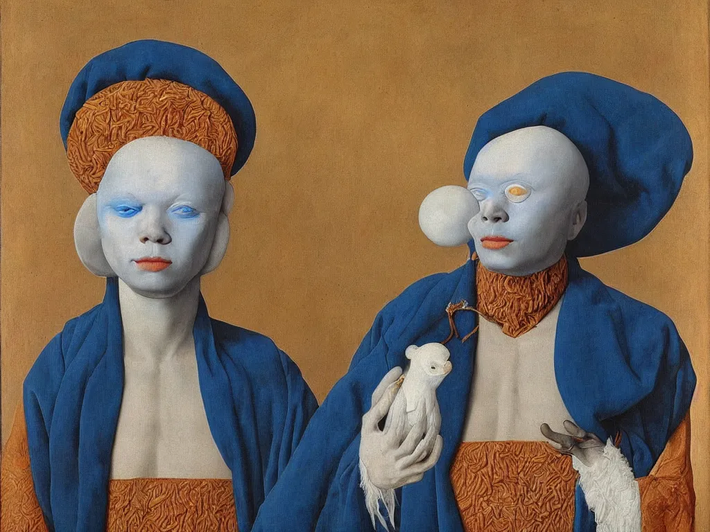 Prompt: Portrait of albino mystic with blue eyes, with beautiful simple Oceanian mask. Painting by Jan van Eyck, Audubon, Rene Magritte, Agnes Pelton, Max Ernst, Walton Ford