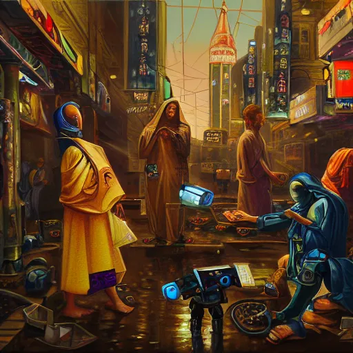 Image similar to beautiful detailed religious oil painting of a war between robotic cyborg Street kids and business people in suits, cyberpunk