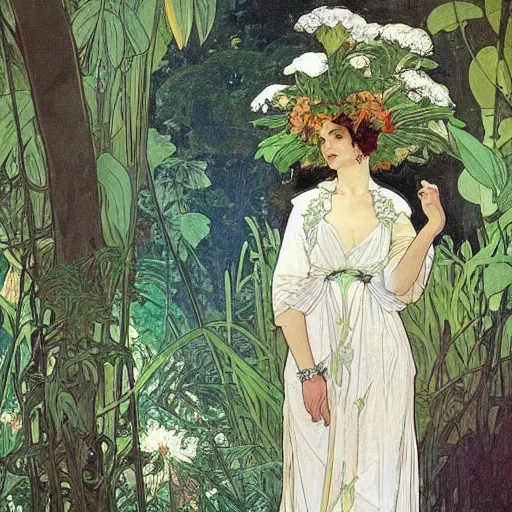 Image similar to elegant woman, white dress, dense jungle, trees, huge flowers, by alphonse mucha