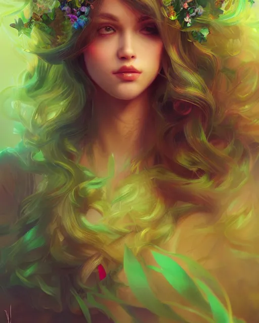 Image similar to spring, green, colorful flowers, portrait of a beautiful flora sorceress, flowy hair, cinematic lighting, highly detailed, digital painting, trending on artstation, pixiv, concept art, sharp focus, illustration, art by ross tran and wlop