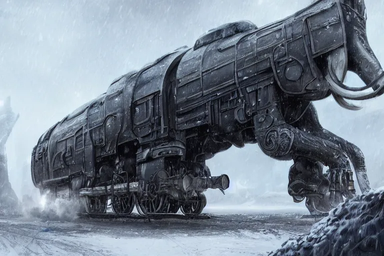 Image similar to a grand intricate futuristic black steam train and a giant mammoth, post - apocalyptic ice landscape in snowstorm, concept art, artstation, highly detailed, digital art