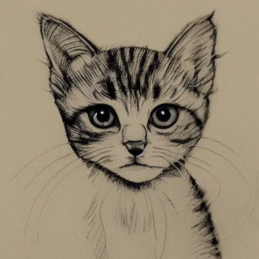 Image similar to single line drawing of a cute kitten, blue ink pen