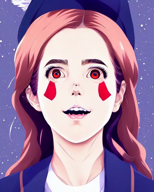 Prompt: full body beautiful anime witch Kiernan Shipka smiling, full body pose, symmetrical face symmetrical eyes, blurry background, Jamie McKelvie comic art, Alexandra Fomina artstation, face by Ilya Kushinov style, style by Loish, Norman Rockwell, painterly style, flat illustration