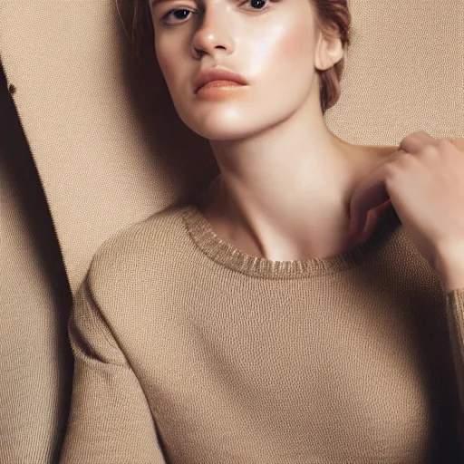 Image similar to close up of face of female fashion model sitting on chair, beige colors, official jil sander editorial