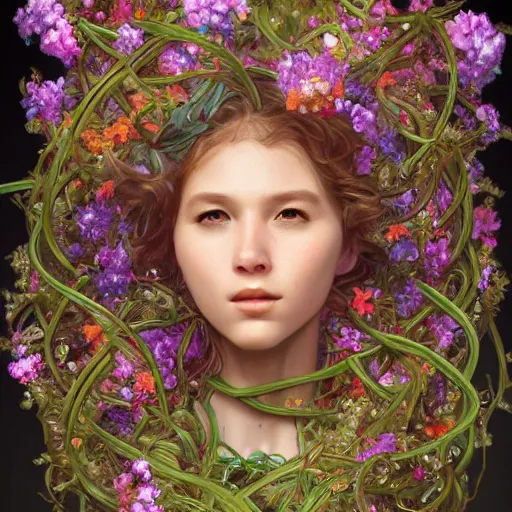 Image similar to colourful vfx art - portrait of army mecha robot wrapped in flowers & vines, art by alphonse mucha & james jean, volumetric light, ray tracing, sharp, detailed, digital painting, illustration, highly detailed, intricate detail, unreal engine, octane render, pinterest, behance, art station,