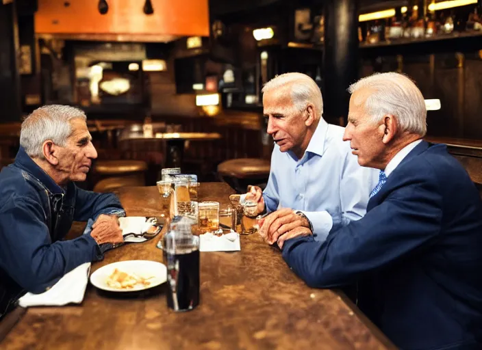 Image similar to Anthony Fauci, Joe Biden, Jeffrey Epstein, Bull gates, having dinner at a Dive bar restaurant, award winning cinematic photography, 50 mm, blurred background, trending on twitter