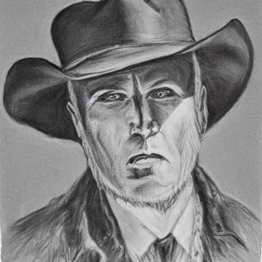 Image similar to charcoal portrait of an early 20th century jung monster hunter, cowboy hat, coat