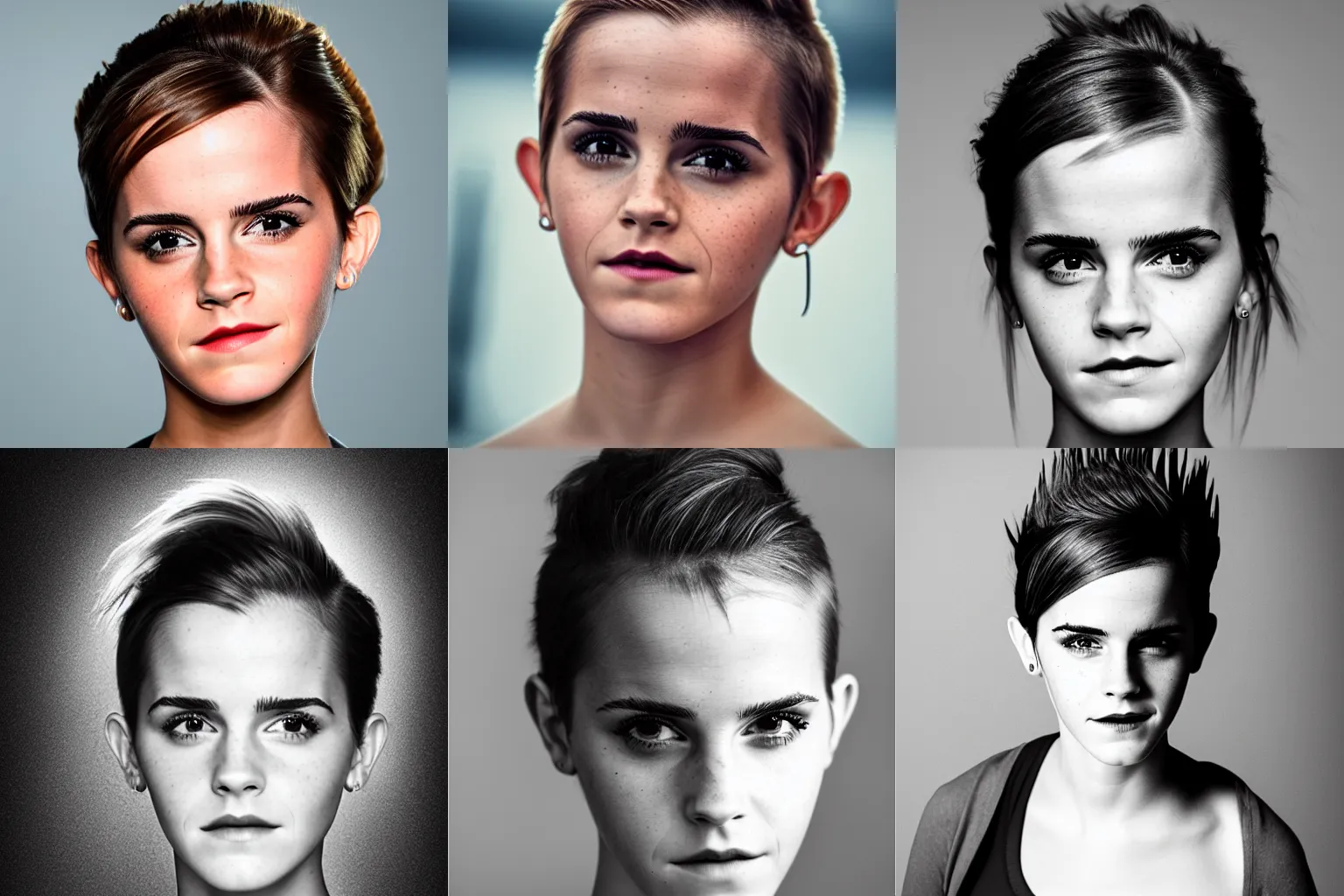 Prompt: Emma Watson with a mohawk hairstyle, headshot, 200mm, canon, f5.6