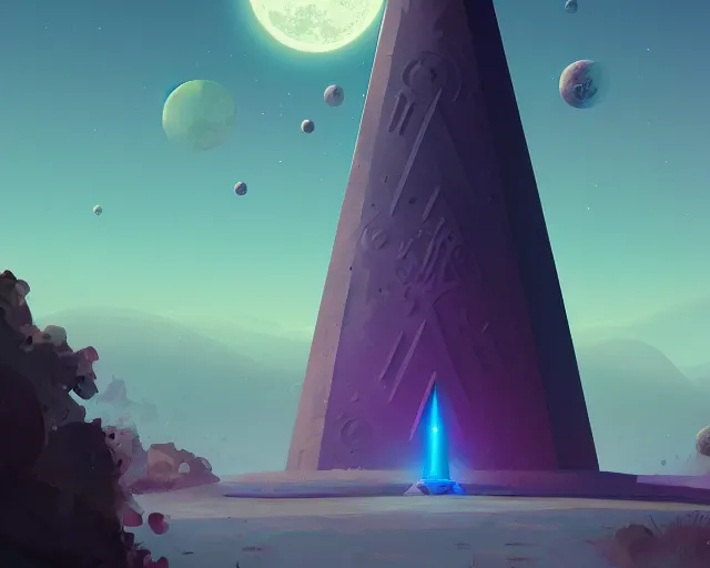 Prompt: lunar obelisk surrounded by stylized runic symbols, terraformation, bubbles, radiant lighting, sylvain sarrailh, artstation, ismail inceoglu, liam brazier, petros afshar