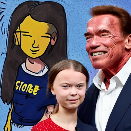 Prompt: Arnold Schwarzenegger and Greta Thunberg are happy together, realistic cartoon