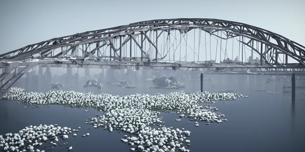 Image similar to explosions in the form of realistic white cotton plants on harbour bridge, huge white cotton everywhere on the destroyed harbour bridge, smooth, sharp focus, highly detailed, 3 d octane render, epic lighting, lots of white cotton, 8 k, by beeple