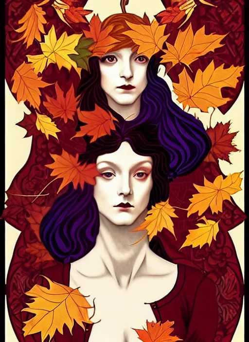 Prompt: 3 Autumn Muses symbolically representing September, October, and November, in a style blending Æon Flux, Peter Chung, Shepard Fairey, Botticelli, Ivan Bolivian, and John Singer Sargent, inspired by pre-raphaelite paintings, shoujo manga, and cool Japanese street fashion, dramatic autumn landscape, leaves falling, deep red gold and royal purple high contrast tones, hyper detailed, super fine inking lines, ethereal and otherworldly, 4K extremely photorealistic, Arnold render