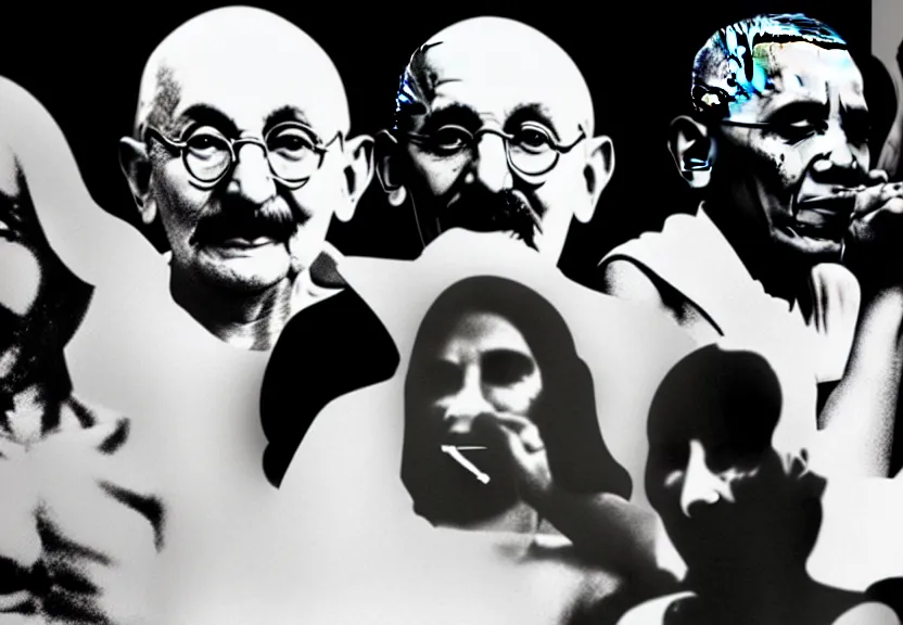 Prompt: Gandhi , Obama, Jesus, And Lady GaGa smoking a fat blunt on a sofa , photograph credit: AP, by Andy Warhol, photograph, by Beeple