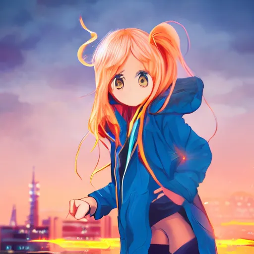 Image similar to Splash art Anime loli, blond hair with pigtails, blue coat and black shorts, she flies by using blue neon powers through the city. Cinematic sunset, faint orange light. Amazing piece Trending on Artstation