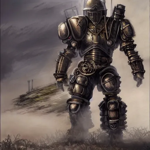 Prompt: a post-apocalyptic powered armored knigh in the style of steampunk/dieselpunk Trending on artstation DeviantArt Pinterest Photorealistic HD 8k highlights and shadow detailed High Resolution
