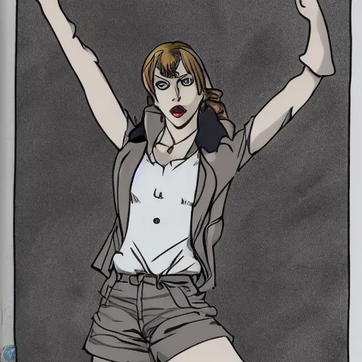 Image similar to Emma Watson drawn in Jojo's Bizarre Adventure, doing a jojo pose