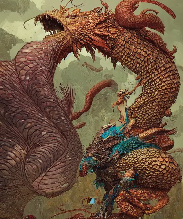 Prompt: a creature covered in scales and feathers spitting acid, fantasy, elegant, digital painting, artstation, concept art, matte, sharp focus, illustration, art by geof darrow and justin gerard