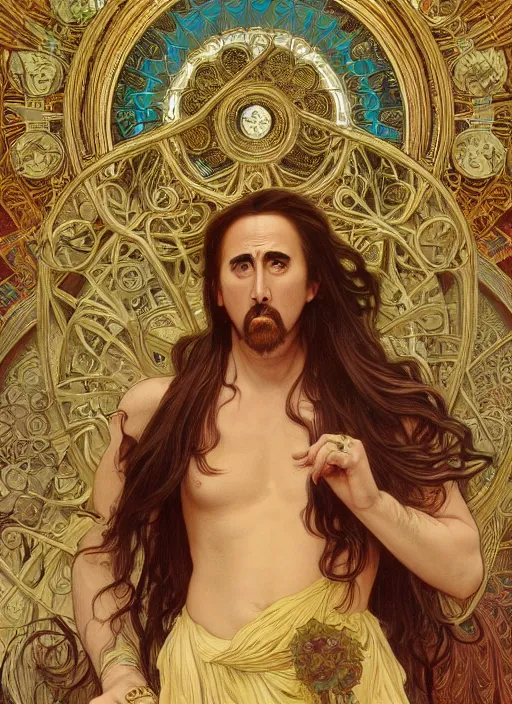 Prompt: Nicolas Cage as God of Beauty, brutal, fantasy, intricate, elegant, highly detailed, digital painting, 4k, HDR, concept art, smooth, sharp focus, illustration, art by alphonse mucha,artgerm, H R Giger