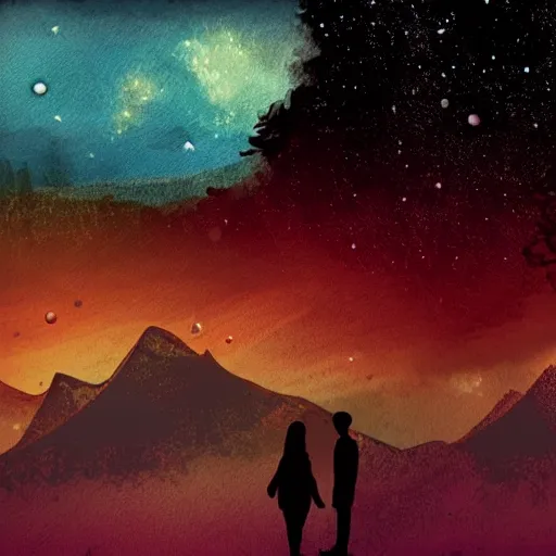 Prompt: a beautiful landscape showing mountains, stars and galaxies in the background. The silhouet of a young couple sits in the foreground, drawn, sketch, anime style