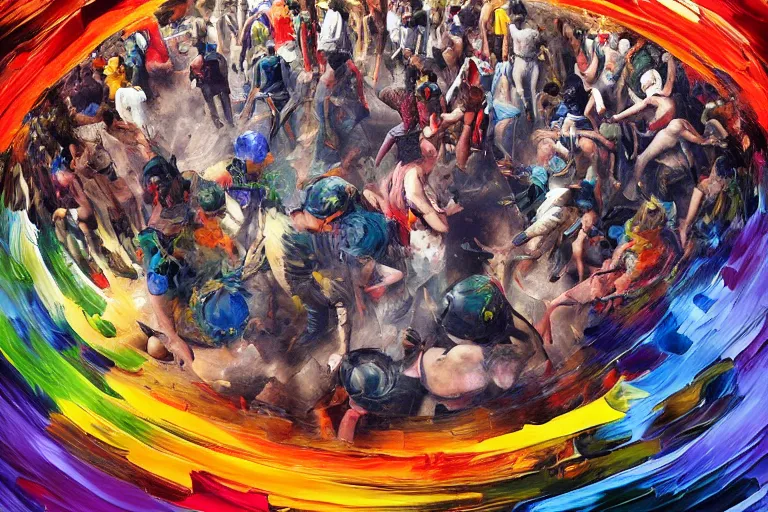 Prompt: palette knife oil painting of a crowd of clubbers surrounding two supernatural fighters in a concave circular fighting pit. concrete, psychedelic lighting, extreme detail, artstation trending, artgerm, any racial background, deviant art, octane, substance, art history 8 k