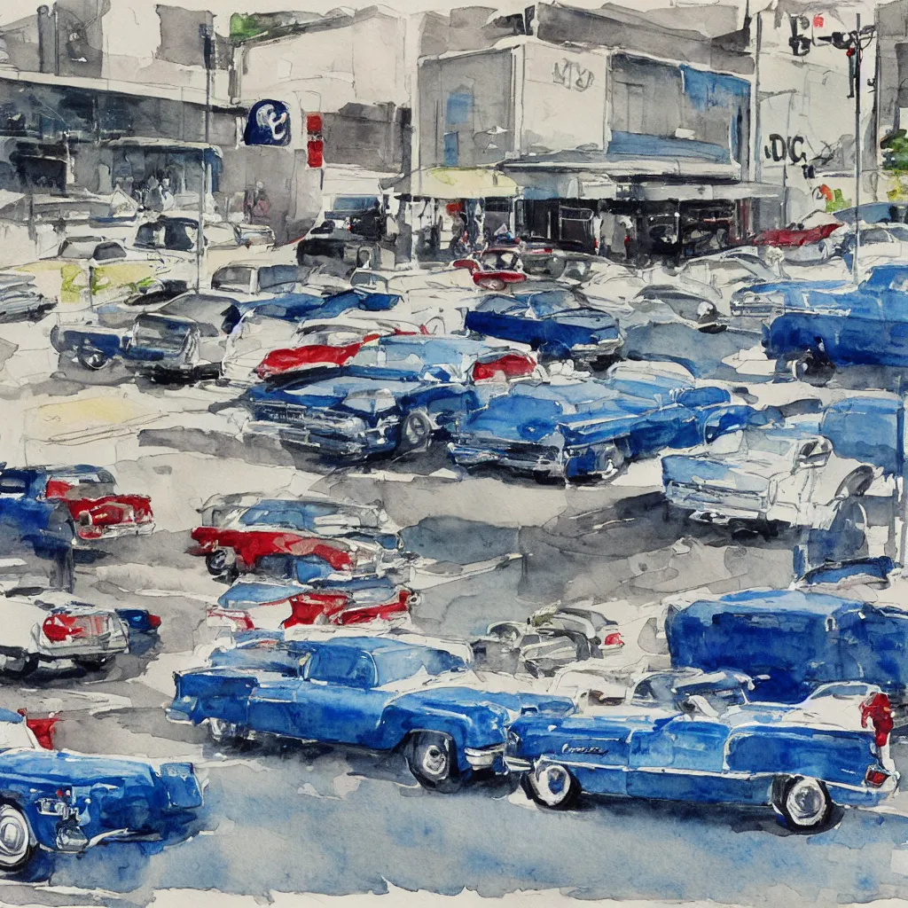 Image similar to 2 cadillacs, 1 blue and 1 white, parked in front of a 7 - 1 1 in downtown los angeles, vintage watercolor painting