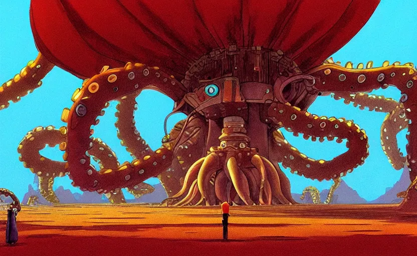 Image similar to a realistic cell - shaded studio ghibli concept art from paprika ( 2 0 0 6 ) of a flying intelligent multi - colored mechanical octopus from close encounters of the third kind ( 1 9 7 7 ) in a flooded monument valley. very dull colors, wide shot, hd, 4 k, hq