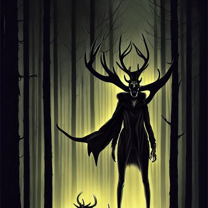 Image similar to style artgerm, joshua middleton, rafael albuquerque, gerald brom : : scary wendigo with antlers and skull face mixed with werewolf : : [ [ beautiful female witch wearing a black dress, yellow eyes, symmetrical face, on the right side ] ] : : in the forest, detailed, dark and foggy, cinematic lighting