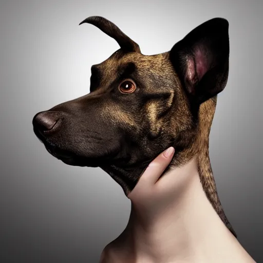 Image similar to realistic studio portrait, dog human hybrid creature, 5 0 % human face, human with dog snout, in the style of annie leibovitz, vfx special effects movie creature,