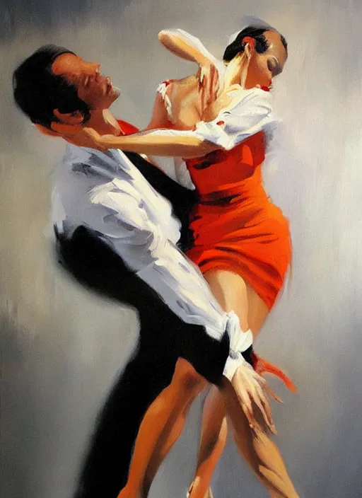 Image similar to sensual tango dancer girl in white dress, painting by phil hale, fransico goya, action lines, graphic style, visible brushstrokes, motion blur, blurry, visible paint texture, crisp hd image