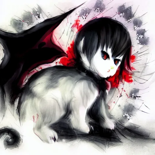 Prompt: a baby kitten vampire art by sui ishida