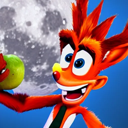 Prompt: a realistic picture of crash bandicoot wearing a suit, eating apples on the moon