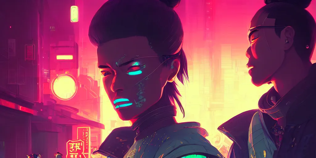 Image similar to digital illustration closeup portrait of cyberpunk samurai in city street at night by makoto shinkai, ilya kuvshinov, lois van baarle, rossdraws, basquiat | afrofuturism, in the style of hearthstone, trending on artstation | cool color scheme