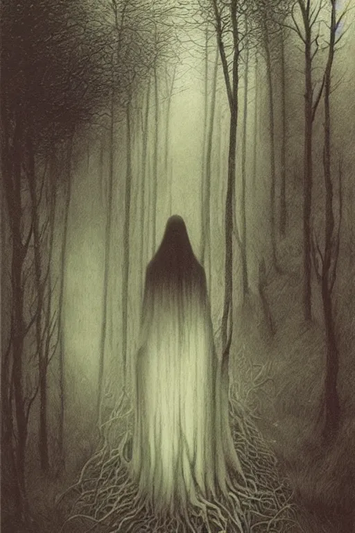 Prompt: zdzisław beksinski painting. a witch in the woods