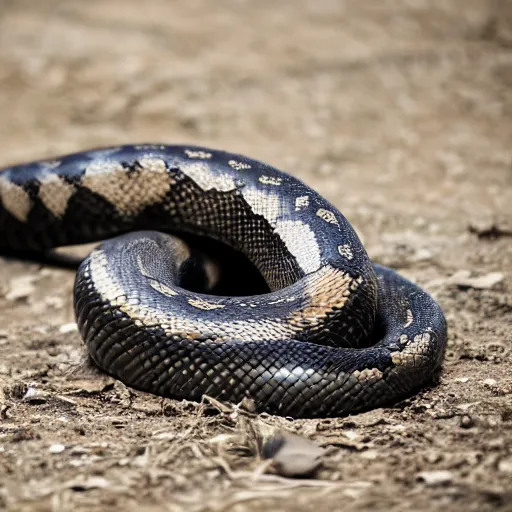 Prompt: large coiled snake with a chrome skull as the head, XF IQ4, f/1.4, ISO 200, 1/160s, 8K, RAW, unedited, symmetrical balance, in-frame