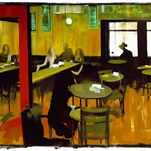 Prompt: a hot college girl spasming in a void cafe full of existential void, painted by Francis Bacon, style of Adrian Ghenie ultradetailed 8k, Brett Amory, Peter Doig