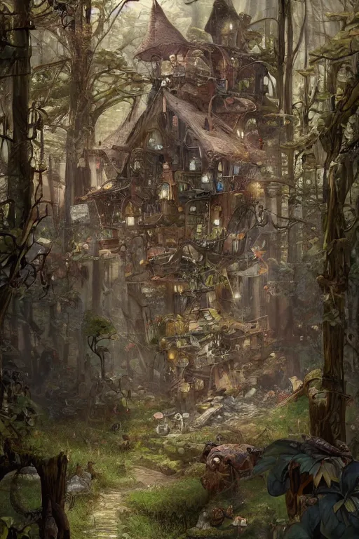 Image similar to a storybook illustration of a ramshackle multistory fairytale hut in the forest, intricate, elegant, fantasy, highly detailed, digital painting, concept art, sharp focus, artstation