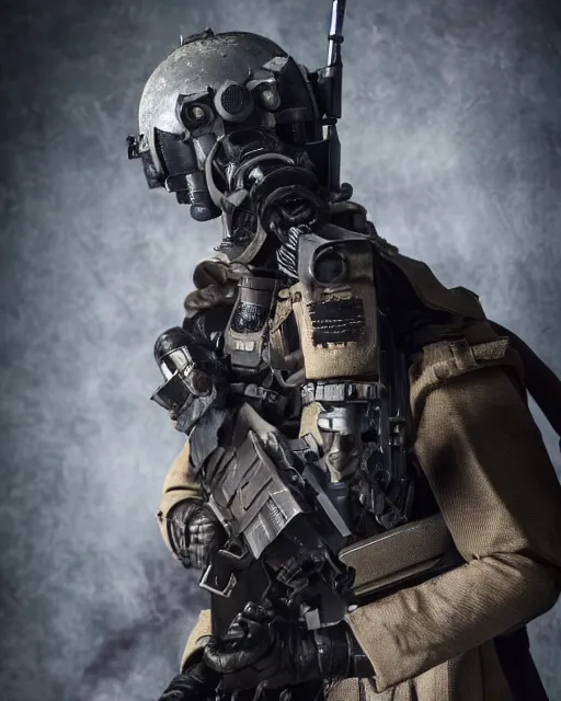 Image similar to Korean Actor Park Solomon as Kazuki Fuse in Live Action Jin Roh: The Wolf Brigade, wearing full armor holding his MG 42 machine Gun, Studio Lighting, shot in the Style of Annie Leibovitz, Mamoru Ushii