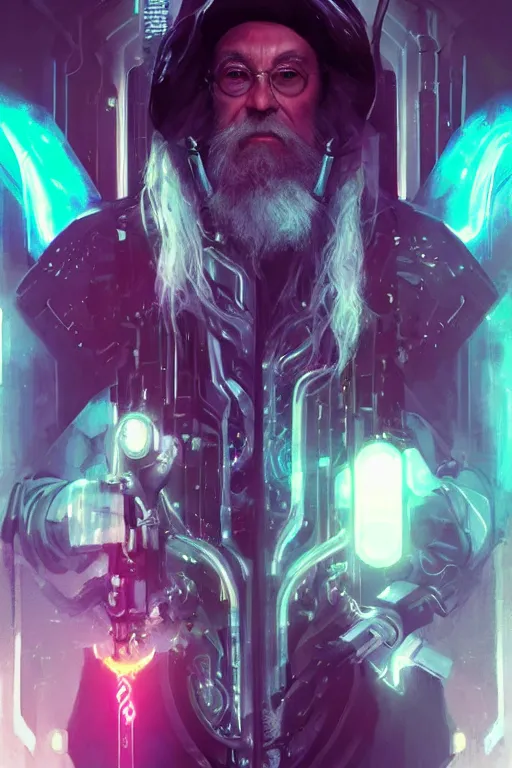 Image similar to portrait of cyborg Dumbledore in cyberpunk, neon lighting, night city, digital art from artstation by Ruan Jia and Mandy Jurgens and Artgerm and william-adolphe bouguereau and Greg Rutkowski