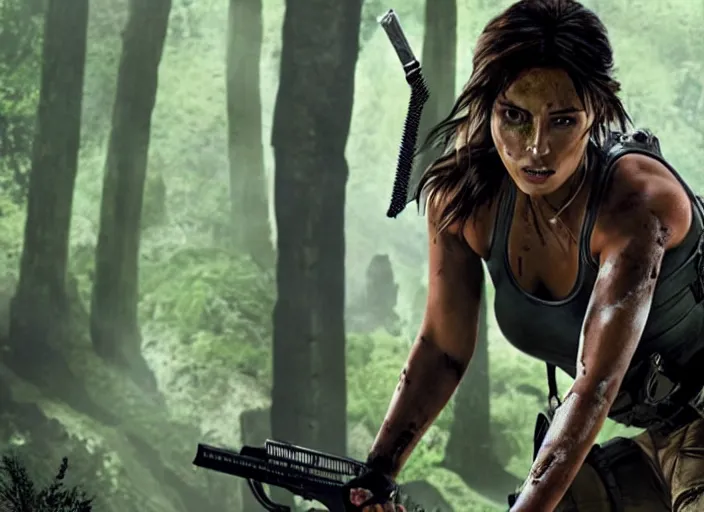 Image similar to film still of!!!! chloe bennett!!! as lara croft in new tomb raider movie, 8 k