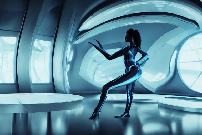 Image similar to vfx movie scene closeup portrait of beautiful blue skin fit alien gorgeous woman dancing in in yoga pants in sleek futuristic decadent spaceship pillars, alien antenna, futuristic ballroom. big eyes, soft skin, giant windows view of earth obit. by emmanuel lubezki