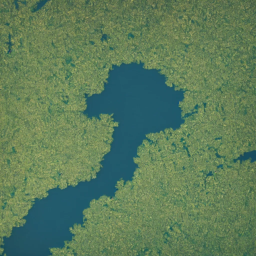 Image similar to ariel view of lake, shaped like a map of lithuania, very detailed, 4 k, award winning photography