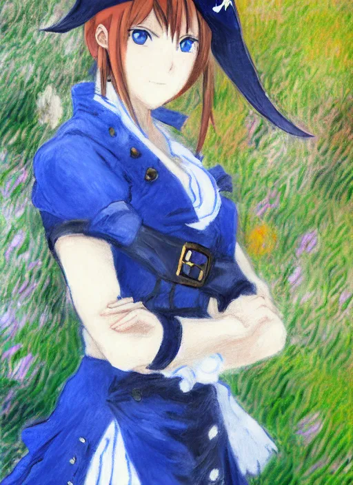 Image similar to a portrait of a female pirate, blue uniform, very anime in impressionist style, anime trending artwork, anime painter studio, by claude monet