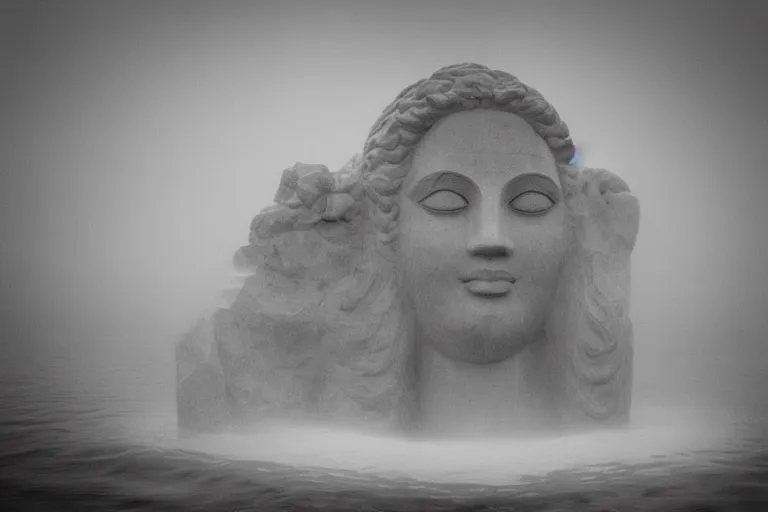 Image similar to a giant statue face of a goddess emerging from the lake, mist, lomography photo effect, monochrome, noise grain film