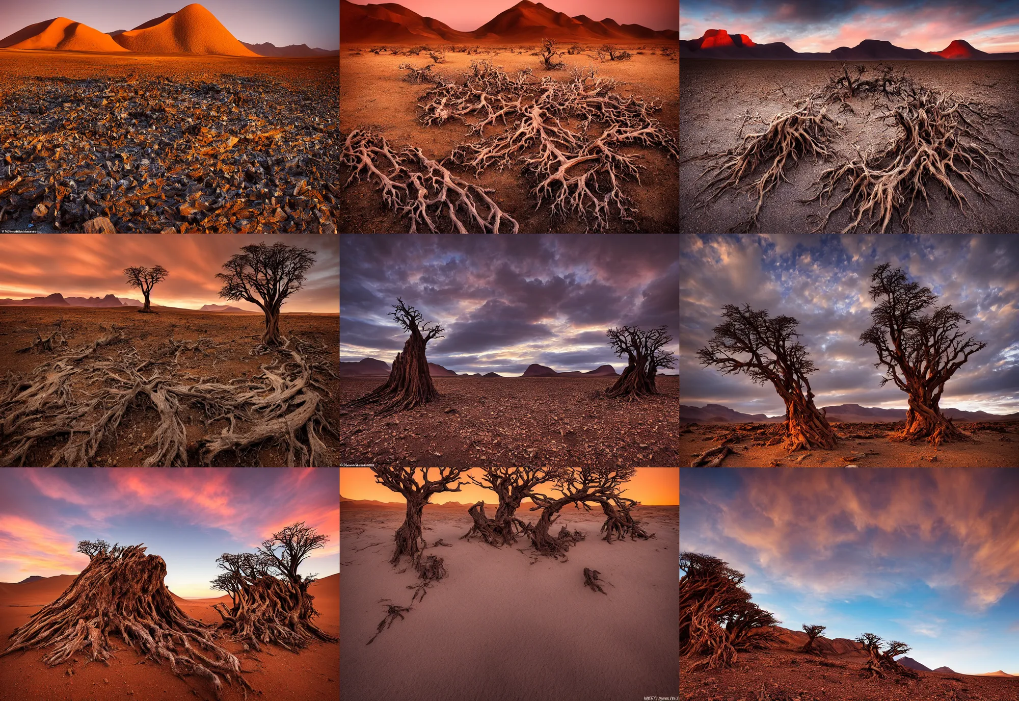 Image similar to amazing landscape photo of the Namib landscape with mountains in the distance and a dead tree stump on the rocks in the foreground by marc adamus, beautiful dramatic lighting, 16mm wide angle lens